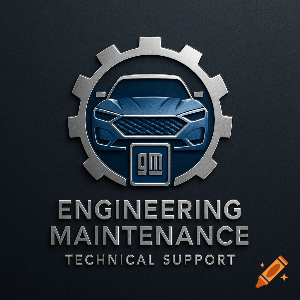 3D metallic logo featuring a blue car inside a silver gear, with 'GM' branding and the text 'ENGINEERING MAINTENANCE TECHNICAL SUPPORT'.