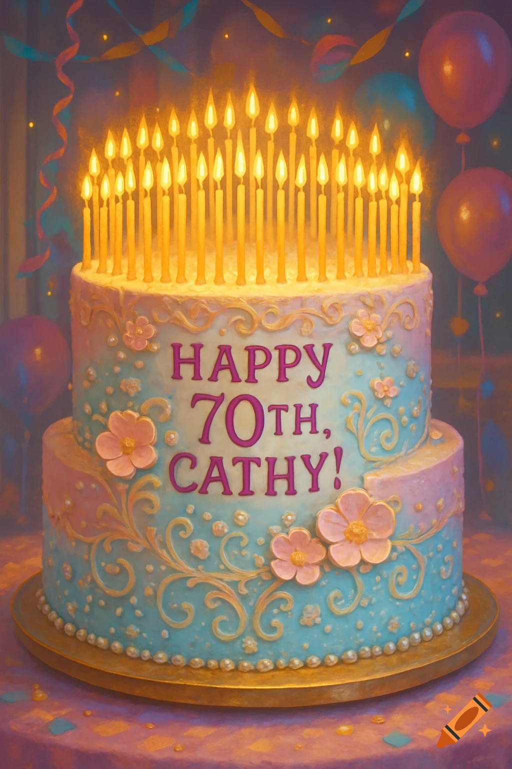 A two-tiered birthday cake, blue and pink with floral and pearl decorations, topped with burning candles, reads 'Happy 70th, Cathy!'