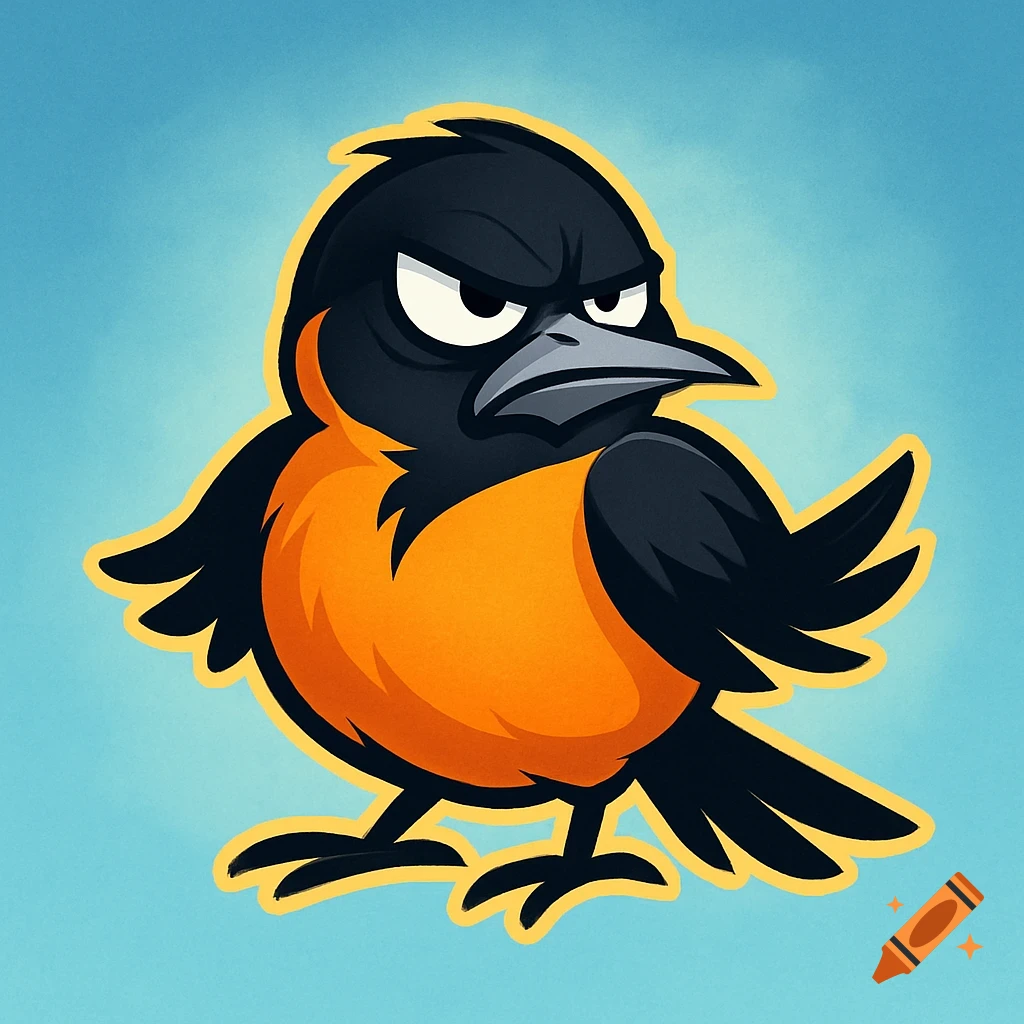 A cartoon black and orange oriole with a scowling expression, outlined in yellow, against a blue background.