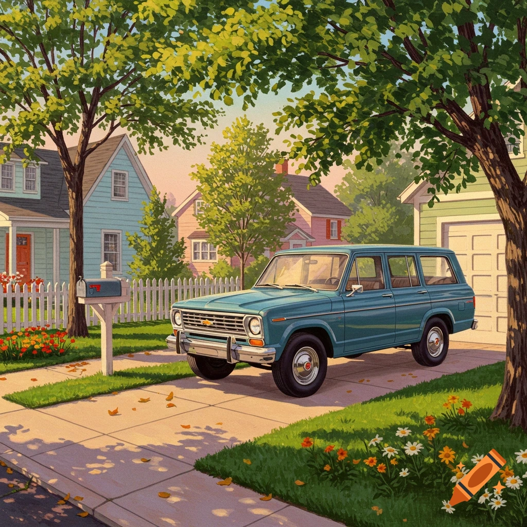 A blue vintage SUV parked in a suburban driveway, surrounded by green trees, houses, and a white picket fence, in a 1950s Americana illustration style.