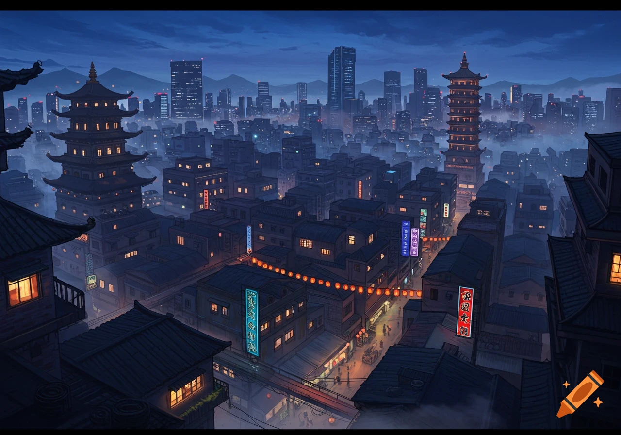 Anime style night cityscape with traditional pagodas, modern buildings, and a street lit by glowing lanterns.