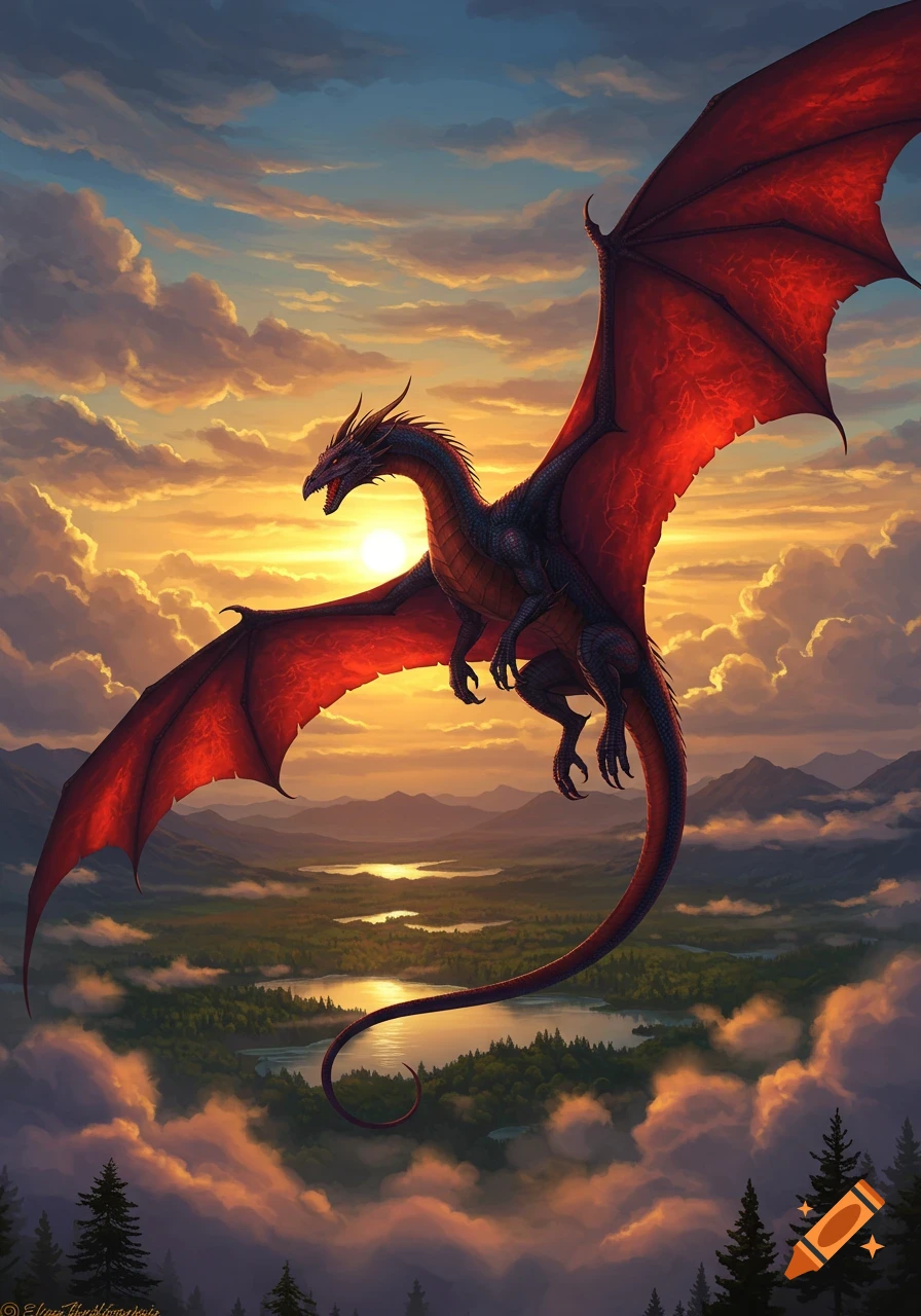 A majestic black dragon with red wings soars through an orange sunset sky above a lush green valley with lakes.
