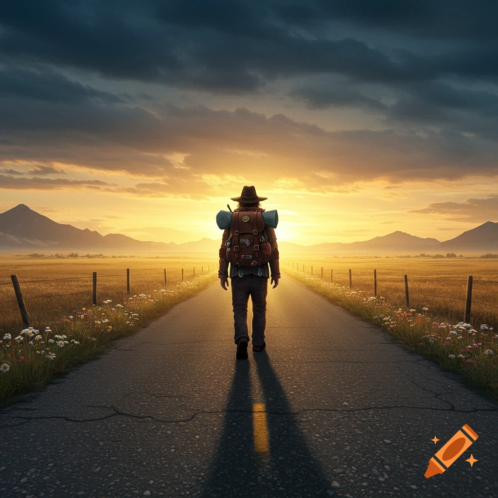 A person with a backpack walks down a road through fields towards a bright golden sunset over mountains.