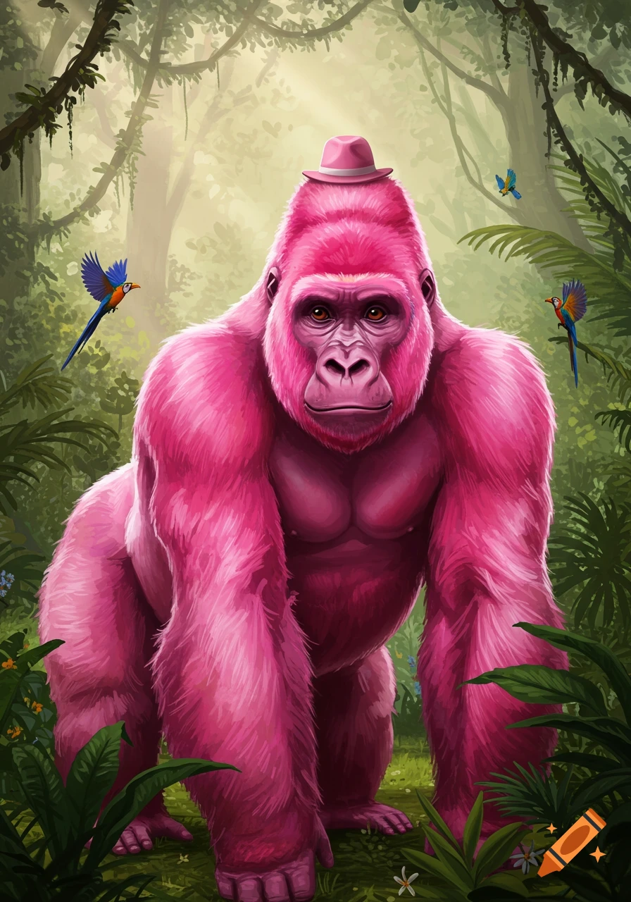 A vibrant pink gorilla wearing a small pink hat stands in a dense, sunlit jungle, with colorful birds flying nearby.
