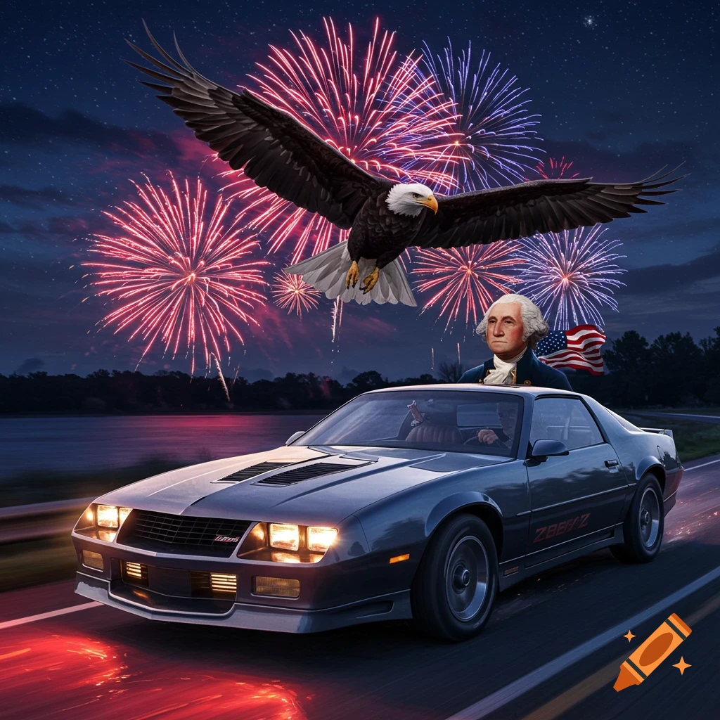 George Washington drives a black Camaro with a bald eagle flying above, against a night sky filled with red and purple fireworks.