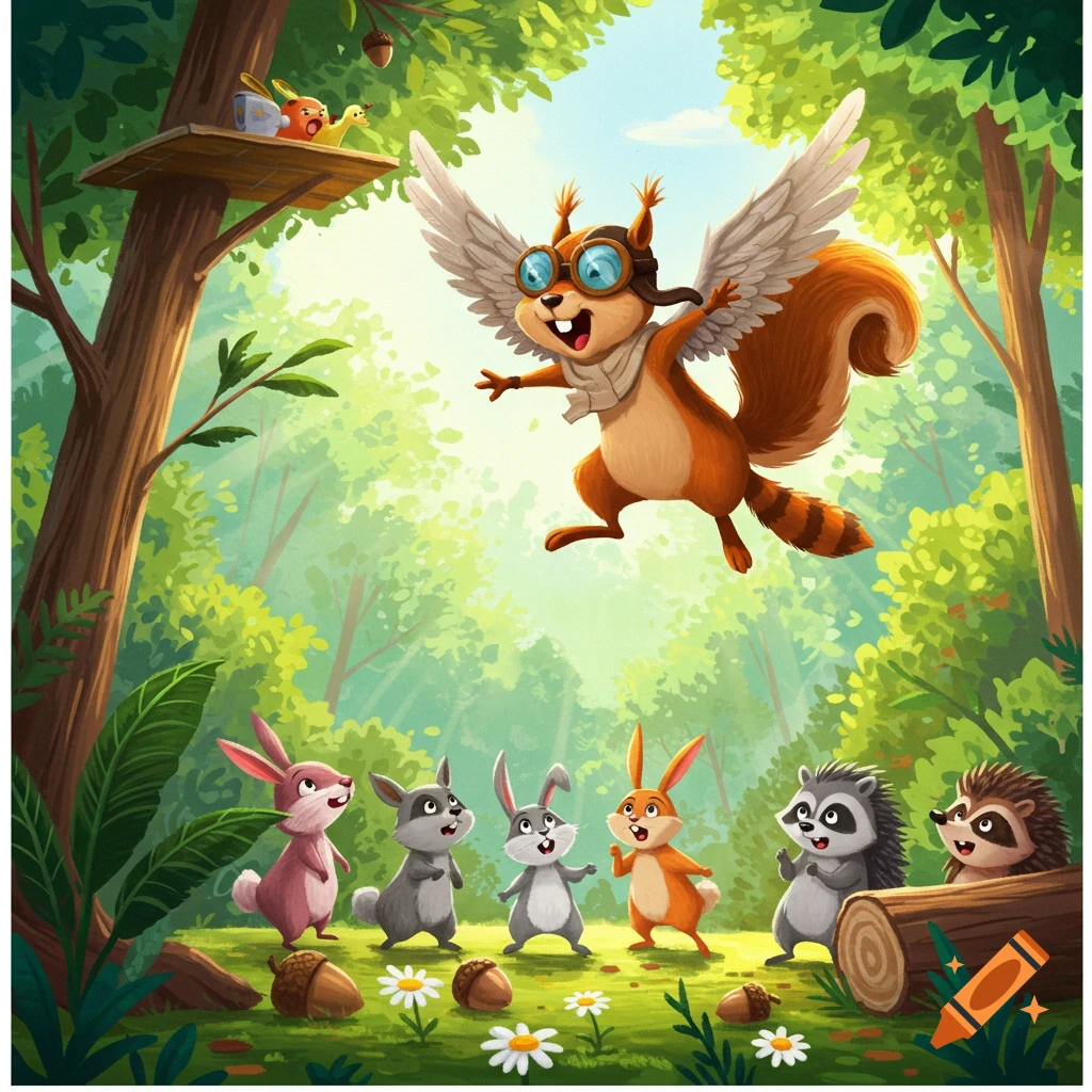 A whimsical cartoon shows a flying squirrel with pilot goggles and wings soaring above rabbits, raccoons, and a hedgehog in a bright forest.