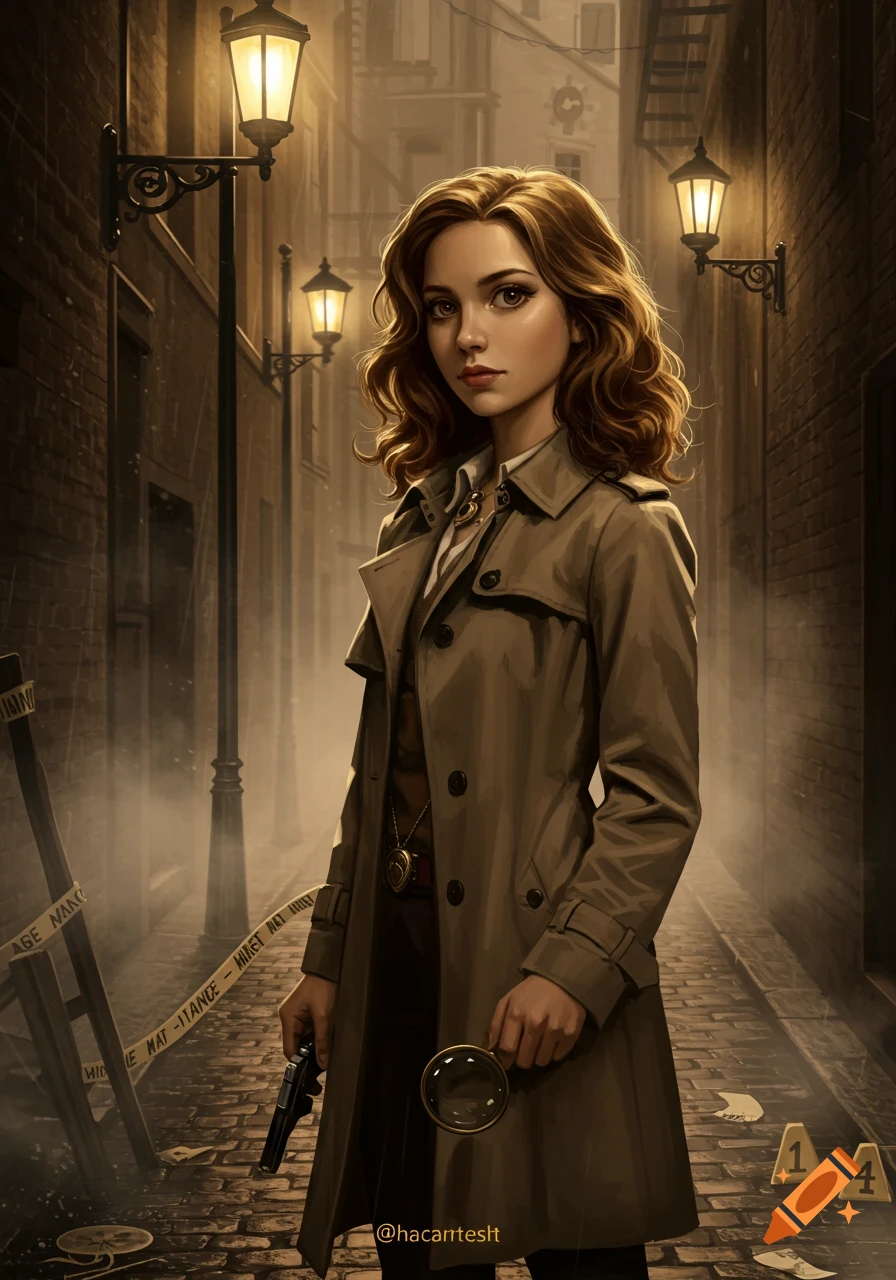 A woman detective with brown hair in a trench coat stands in a dark alley at night, holding a gun and a magnifying glass. Digital art.