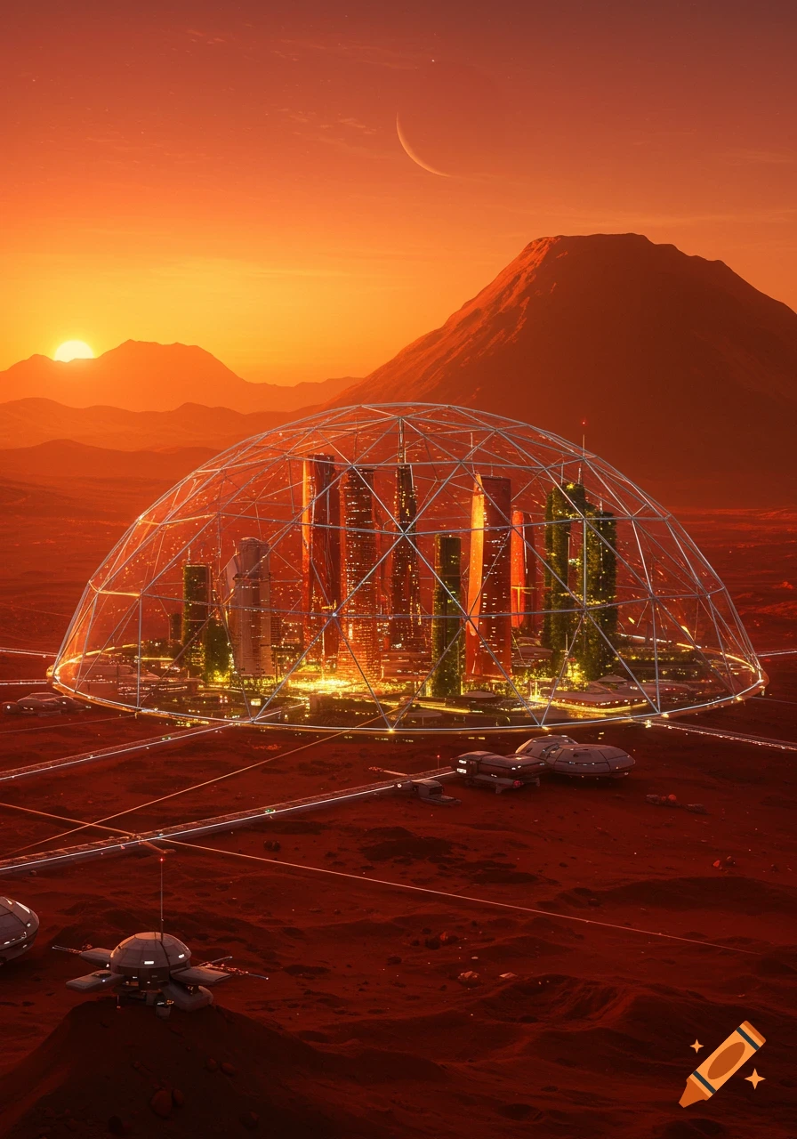 A futuristic domed city with glowing skyscrapers on the red surface of Mars at sunset, with mountains and a crescent moon.