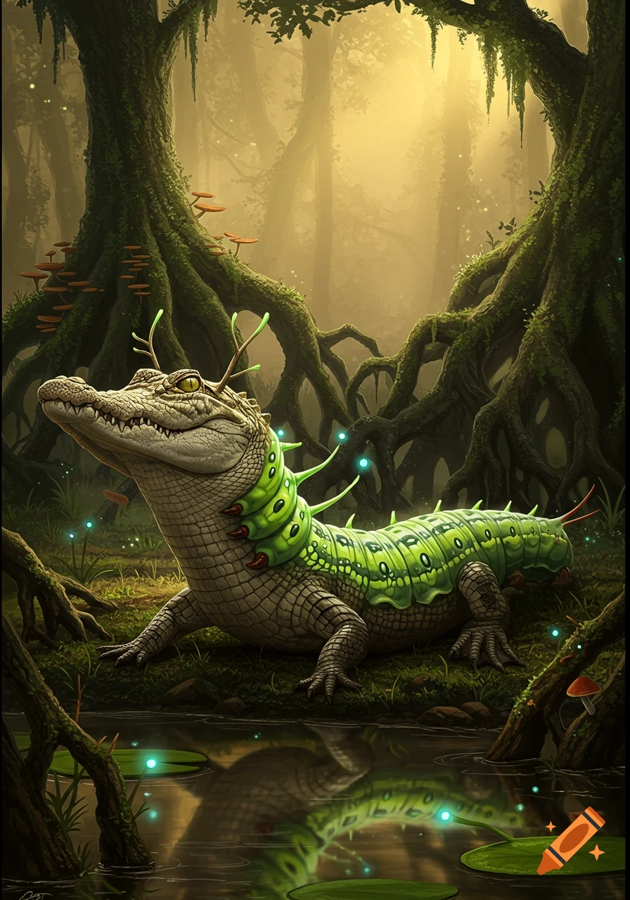 A fantasy alligator-caterpillar creature with glowing green segments rests in a mystical, sunlit swamp forest with glowing blue orbs.