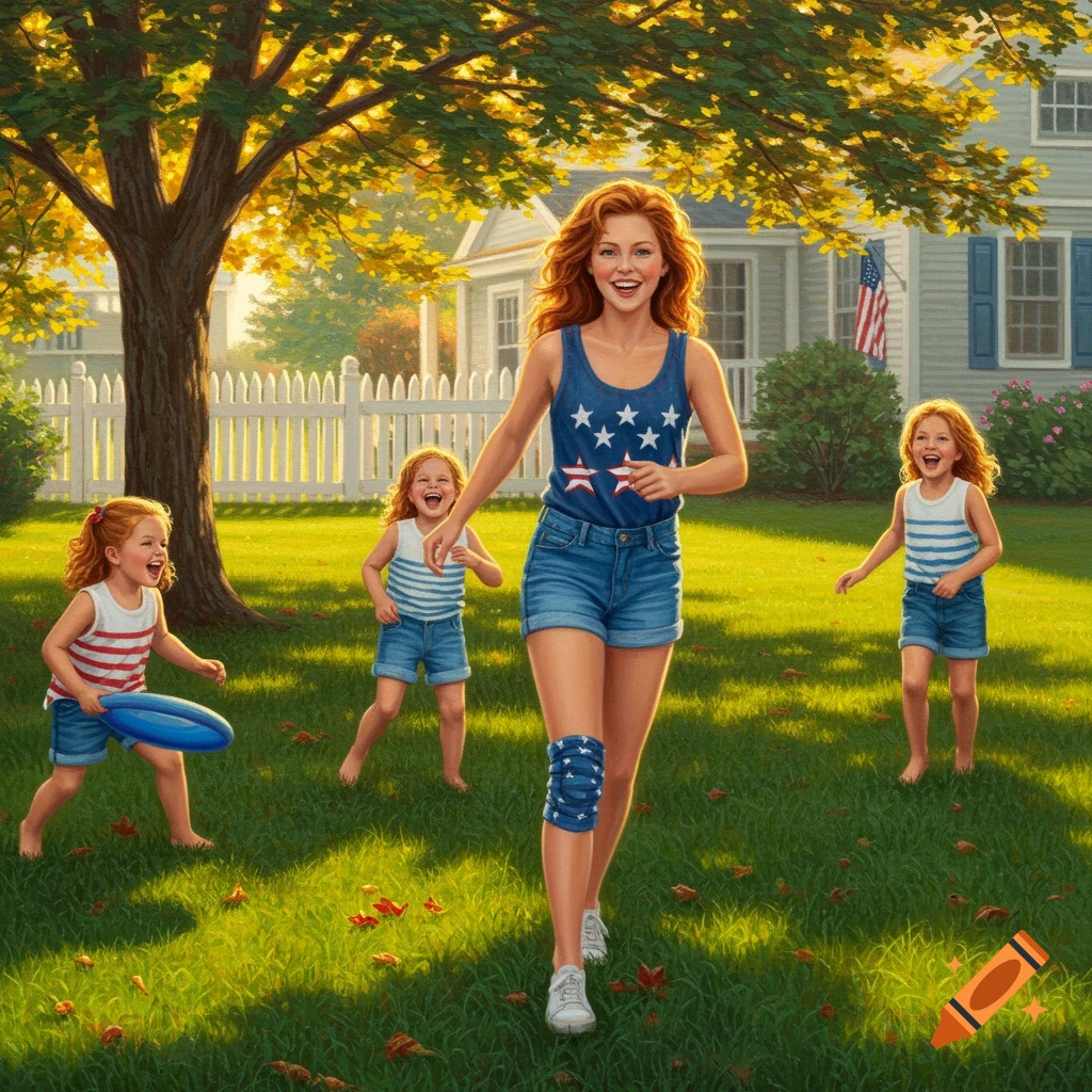 A smiling woman and three young girls with red hair play in a sunny green yard with a house and picket fence in the background. One girl holds a blue frisbee.