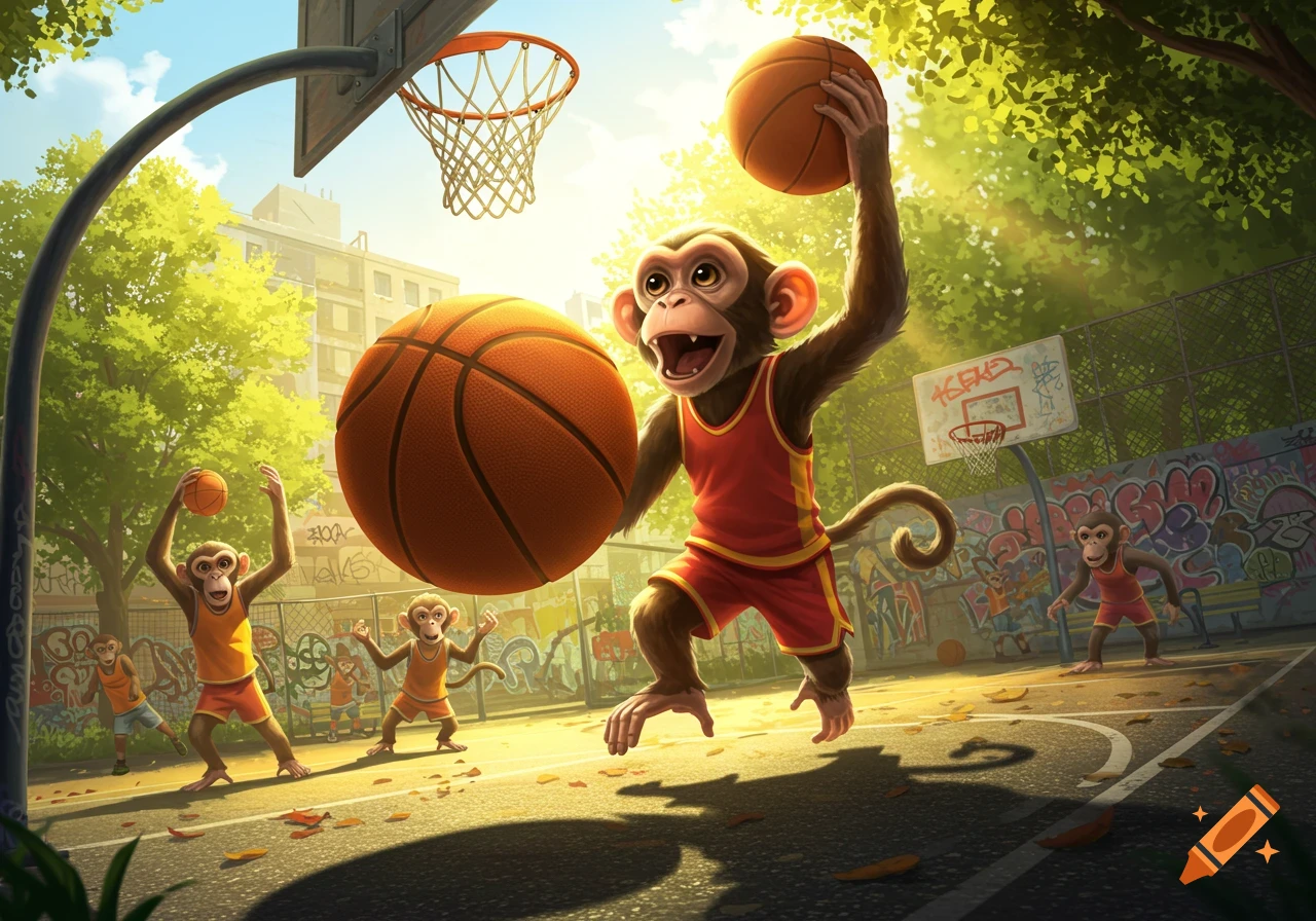 Cartoon monkeys in jerseys play basketball on an outdoor court with graffiti walls, bathed in bright sunlight.