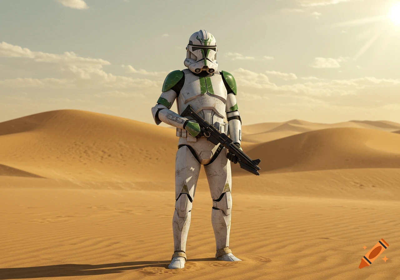 A photorealistic phase two clone trooper with green markings stands in a vast, sunny sand desert holding a blaster rifle.