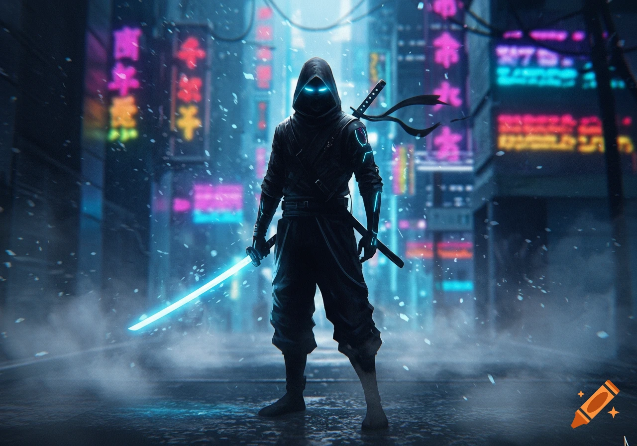 A hooded ninja with glowing blue eyes and a radiant blue sword stands in a snowy, neon-lit cyberpunk city.