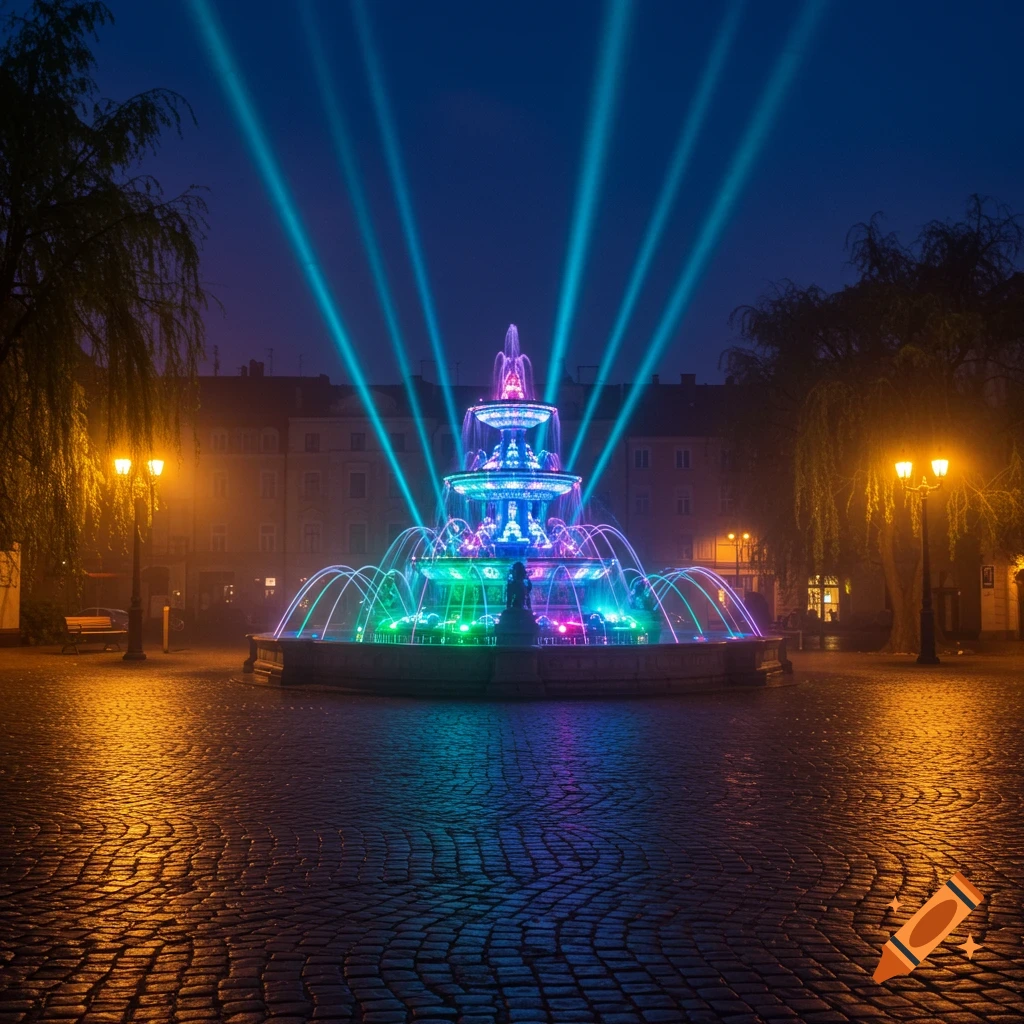 Colorful illuminated multi-tiered fountain in a cobblestone town square at night, with blue light beams in the sky.