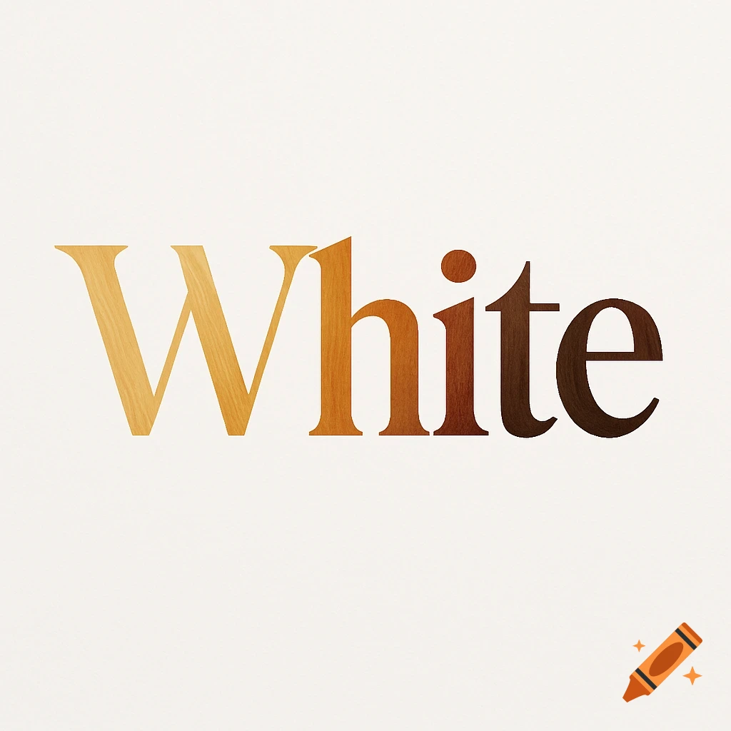 The word 'White' in a serif font, with a color gradient from light blonde to dark brown, on an off-white background.