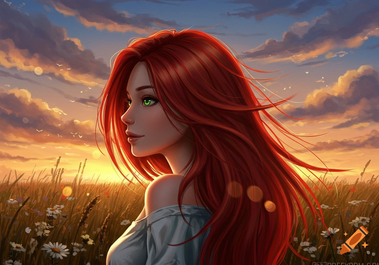 Digital art of a beautiful redhead girl with green eyes looking left, standing in a field of wildflowers at sunset.