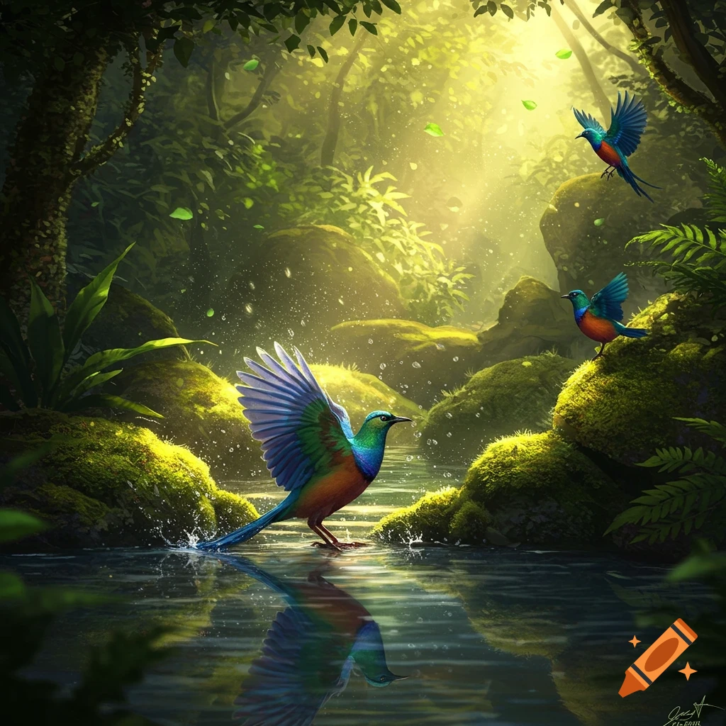 Colorful birds in a sunlit, vibrant green forest by a stream, with one bird splashing in the water and its reflection.
