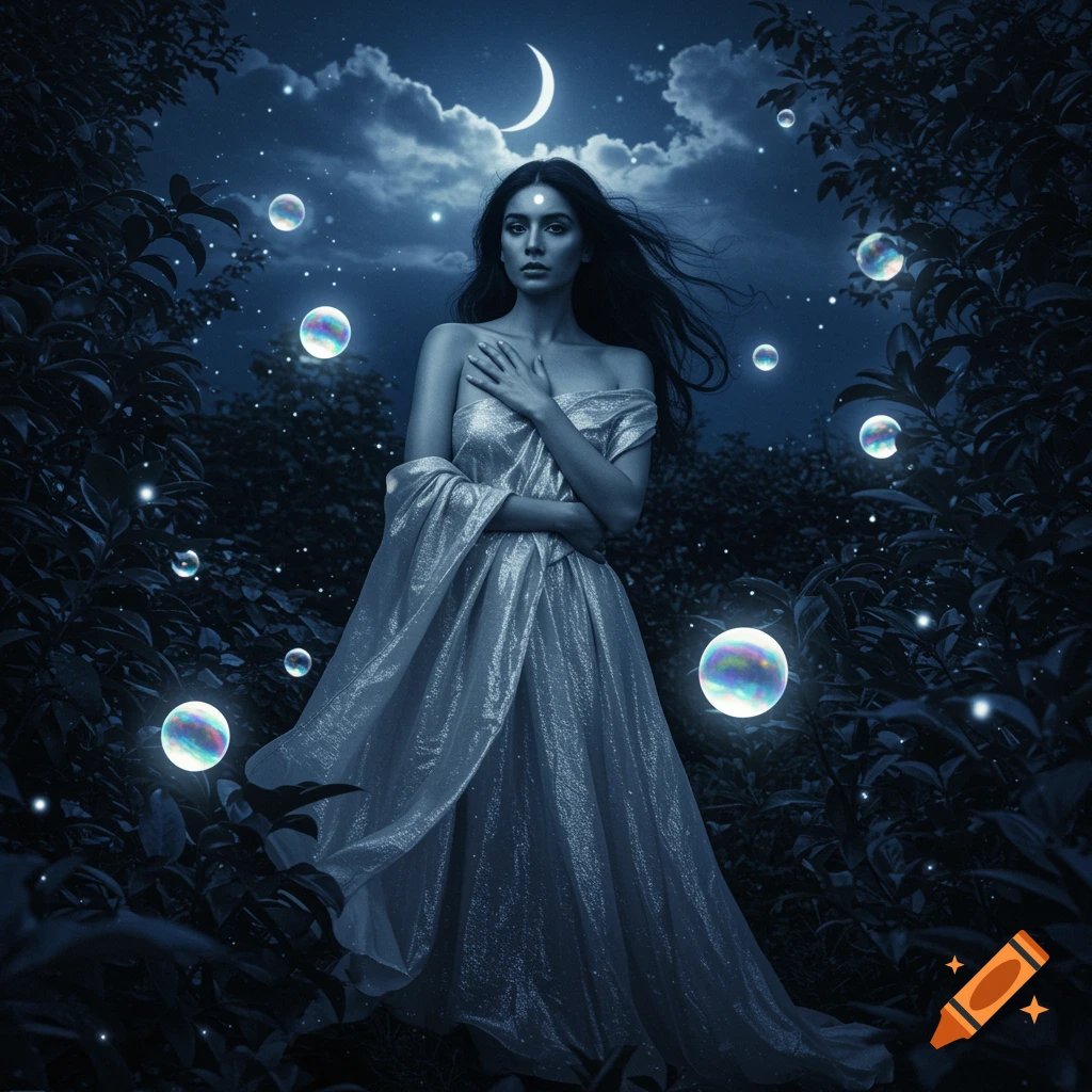 A woman in a shimmering gown stands in a dark, moonlit forest, surrounded by glowing bubbles and stars.