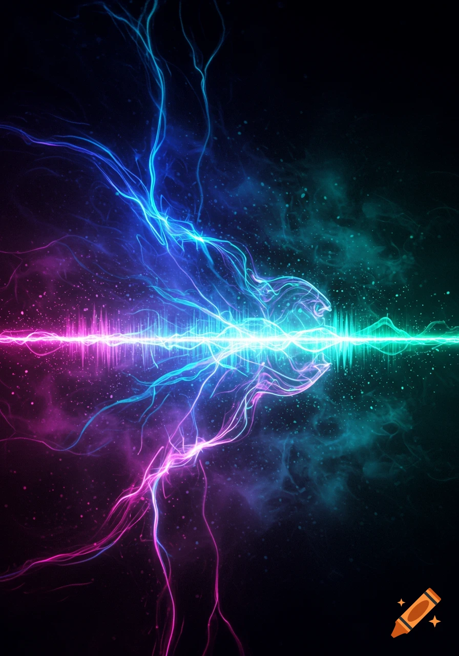 Vibrant abstract digital art with glowing pink and blue energy tendrils and a central sound wave graphic on a dark background.