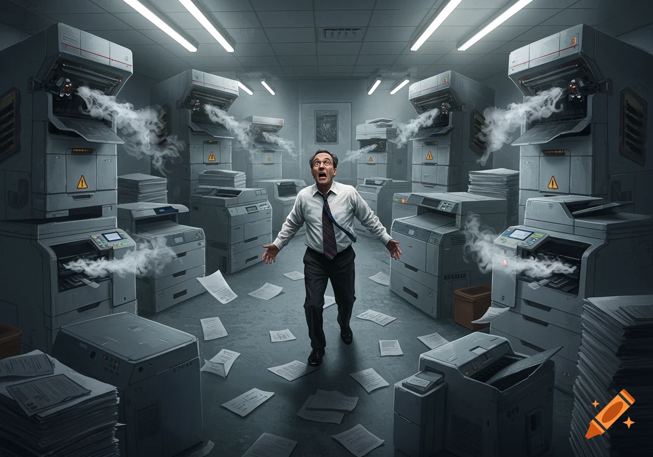 A stressed man in an office surrounded by smoking, malfunctioning printers and scattered paper.