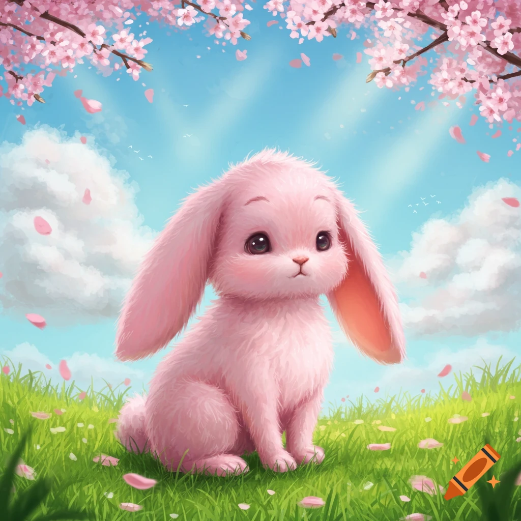 A cute fluffy pink bunny with floppy ears sits in a vibrant green field with pink cherry blossoms falling from branches above.