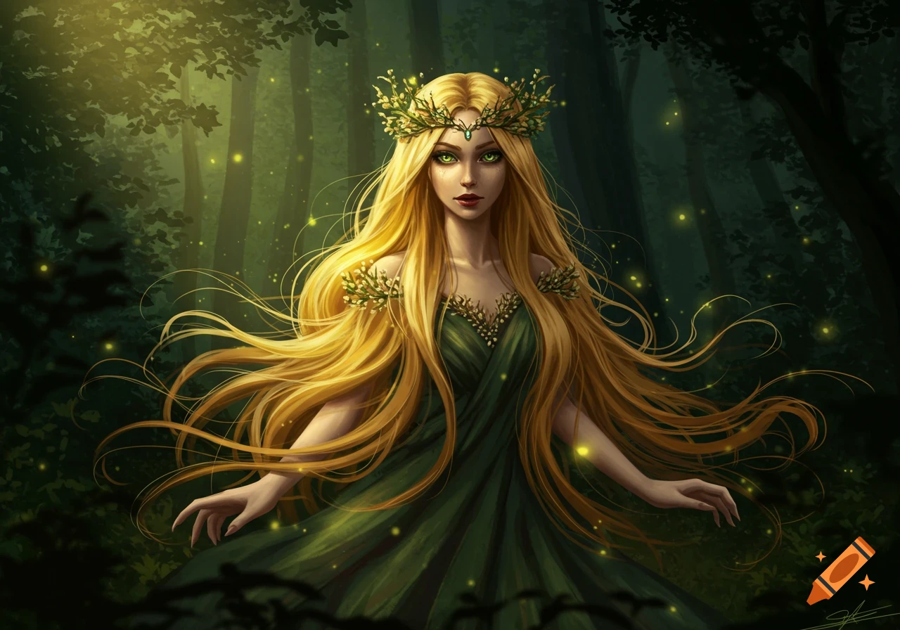 A beautiful goddess with long blonde hair and green eyes, wearing a green dress and a leaf crown, stands in a mystical forest.