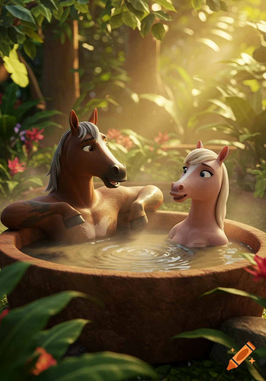 Two anthropomorphic horses relax in a mud hot tub in a sunny, lush jungle, 3D animation style.