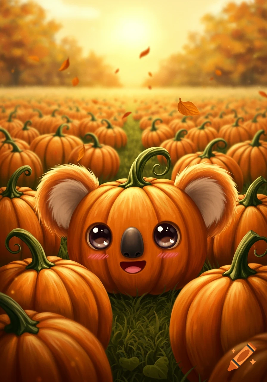 A cute, cartoonish pumpkin with a koala face and fluffy ears smiles in a field full of pumpkins under a golden autumn sky.