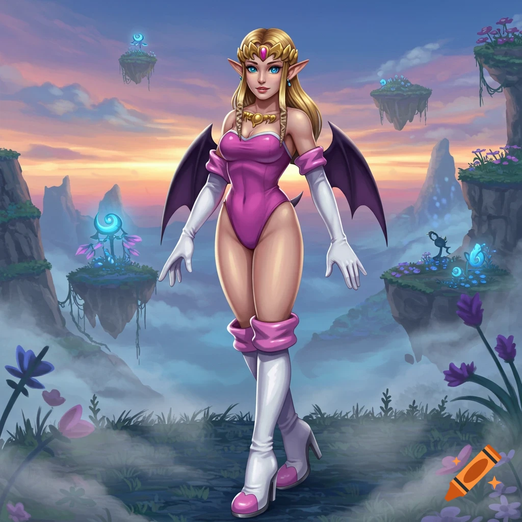 Princess Zelda in Rouge the Bat's pink leotard and bat wings, standing on a floating island against a sunset sky, digital art.