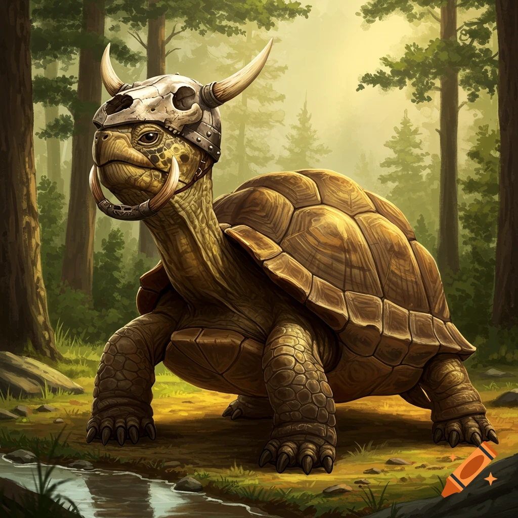 A detailed illustration of a turtle wearing a horned skull helmet with tusks, standing by a stream in a lush forest.