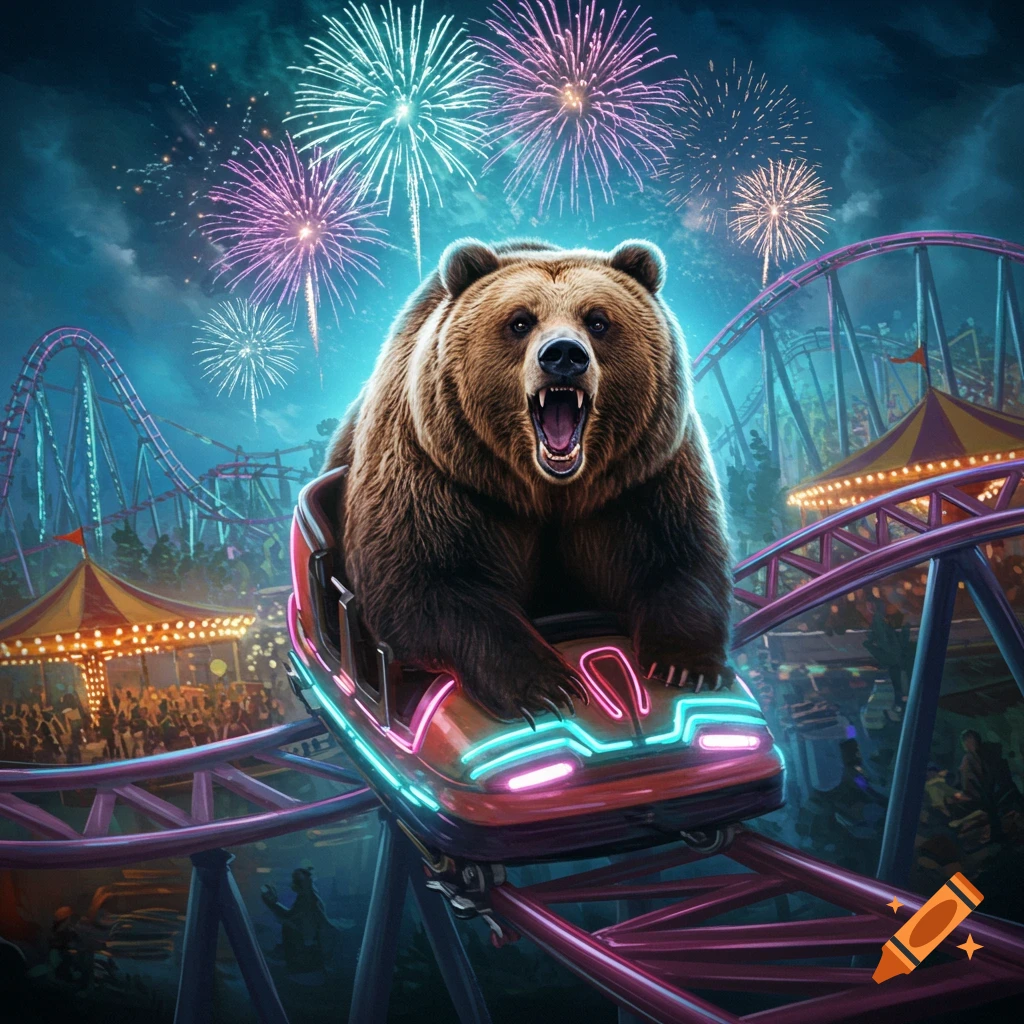 A roaring bear rides a brightly lit roller coaster car through an amusement park at night, with colorful fireworks exploding in the sky.