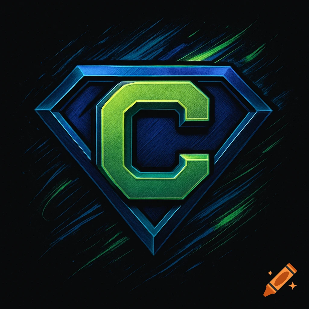 A stylized superhero emblem with a bold green letter 'C' within a metallic blue diamond, against a dark background with blue and green streaks.