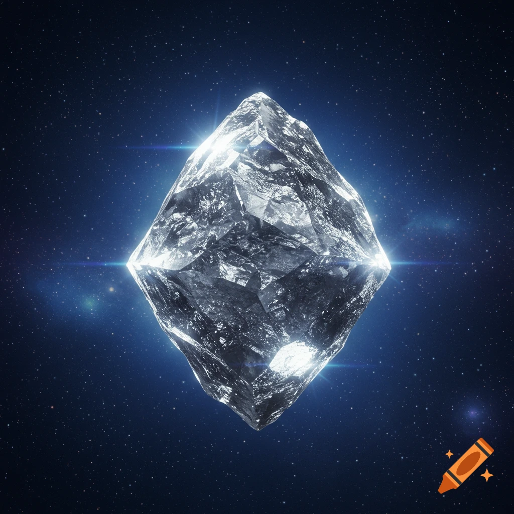A shimmering, faceted diamond or crystal floats in dark space, surrounded by stars and blue light flares.