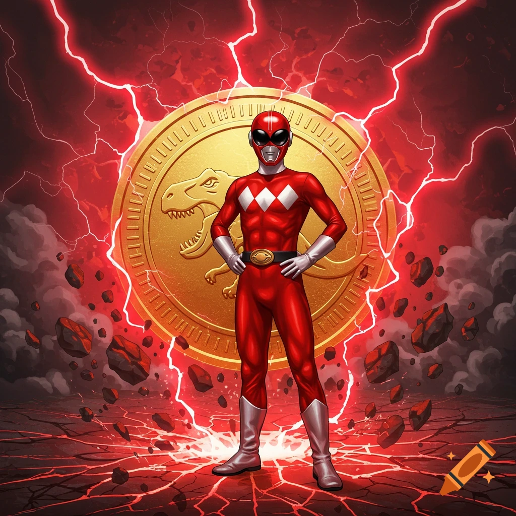 A red superhero in a spandex suit stands before a golden coin with a dinosaur, surrounded by red lightning and floating rocks.