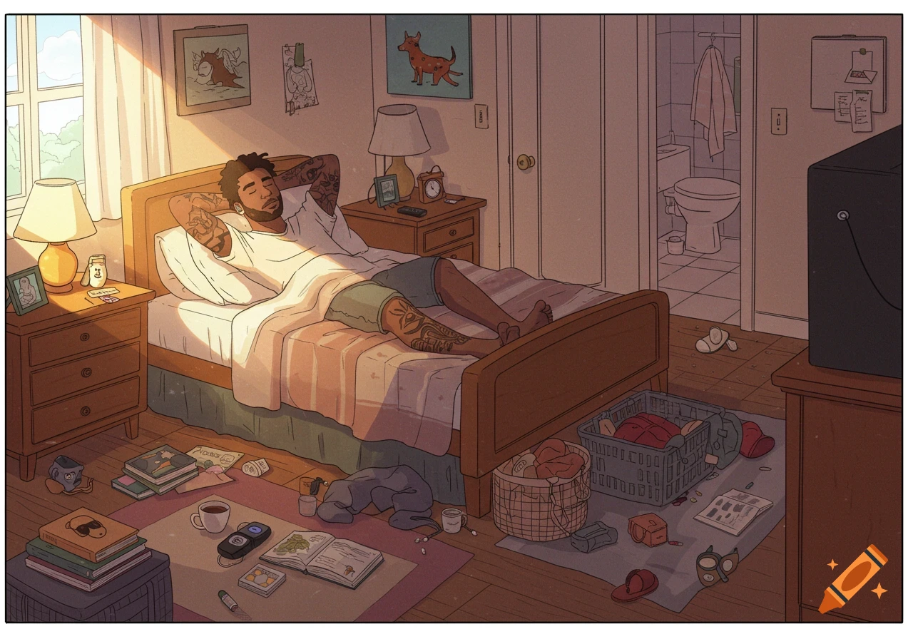 An illustration of a man with tattoos sleeping peacefully in a sunlit, messy bedroom, with a view into a bathroom.