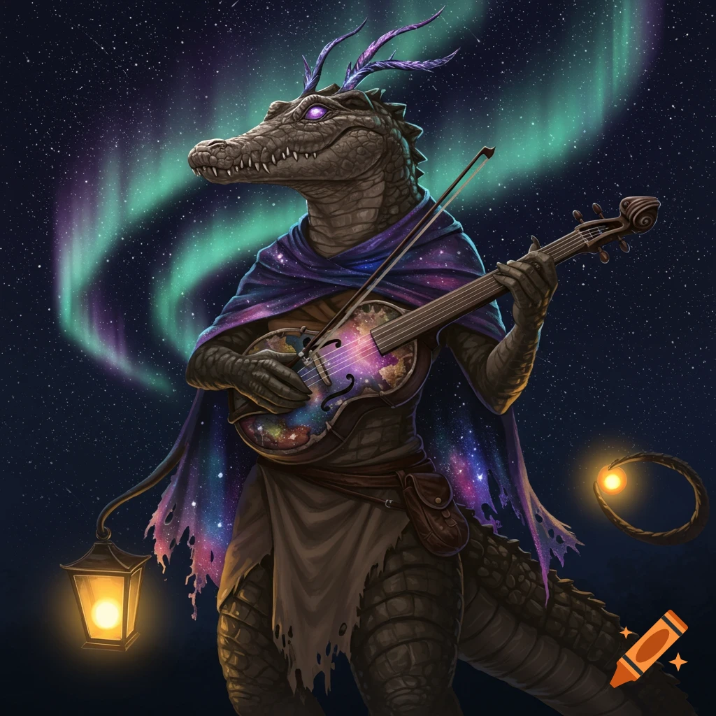 Humanoid crocodile in a cosmic cloak plays a galaxy-patterned violin under an aurora-lit night sky, holding a lantern.