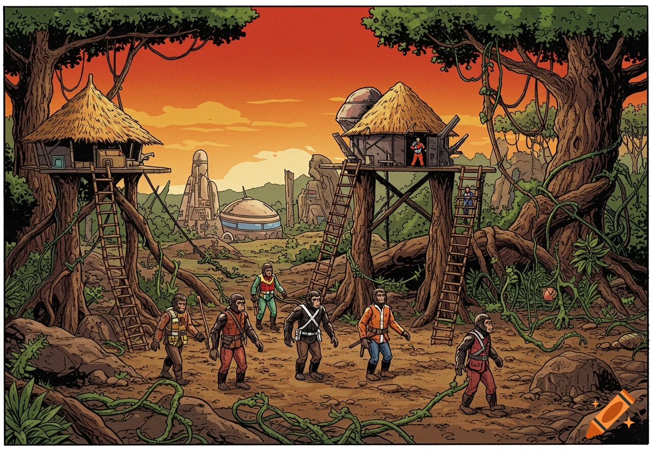Comic art of humanoid apes and humans in a jungle, with treehouses and futuristic buildings, resembling a 1970s sci-fi playset.
