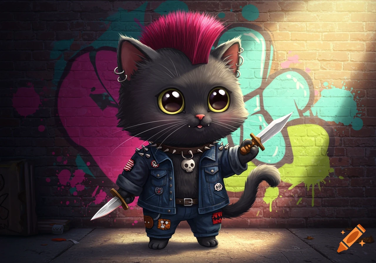 A cute chibi black punk cat with a pink mohawk and earrings, wearing a denim jacket and holding two knives against a graffiti wall.