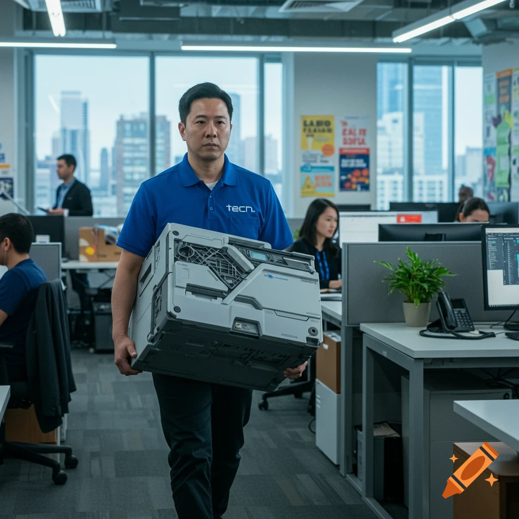 A man in a blue polo shirt carries a printer through a modern office with other workers in the background.