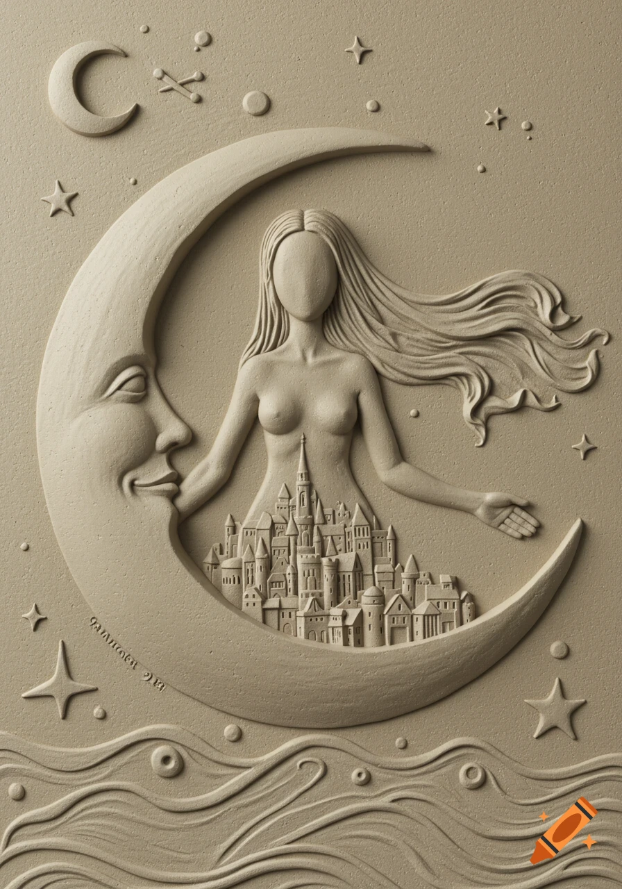 Bas-relief sculpture of a faceless woman emerging from a crescent moon, with a city built into her body, surrounded by stars and waves.