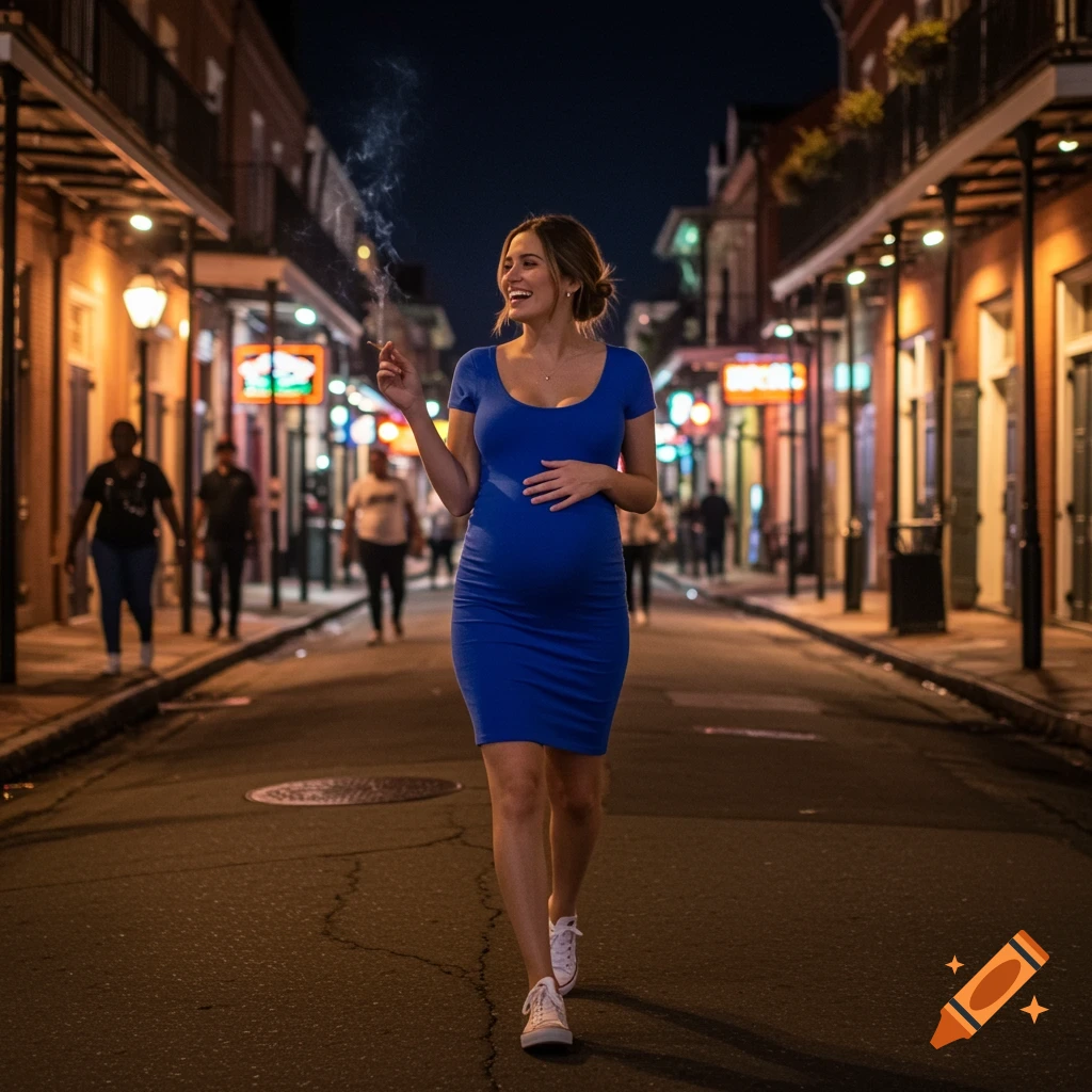 A smiling pregnant woman in a blue dress and white sneakers walks down a lively city street at night, holding a cigarette.