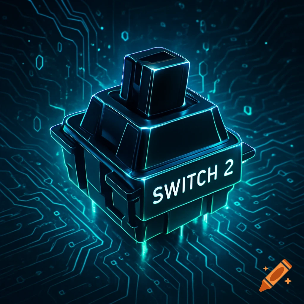 Close-up of a glowing black mechanical switch with 'SWITCH 2' text, on a blue digital circuit board background.