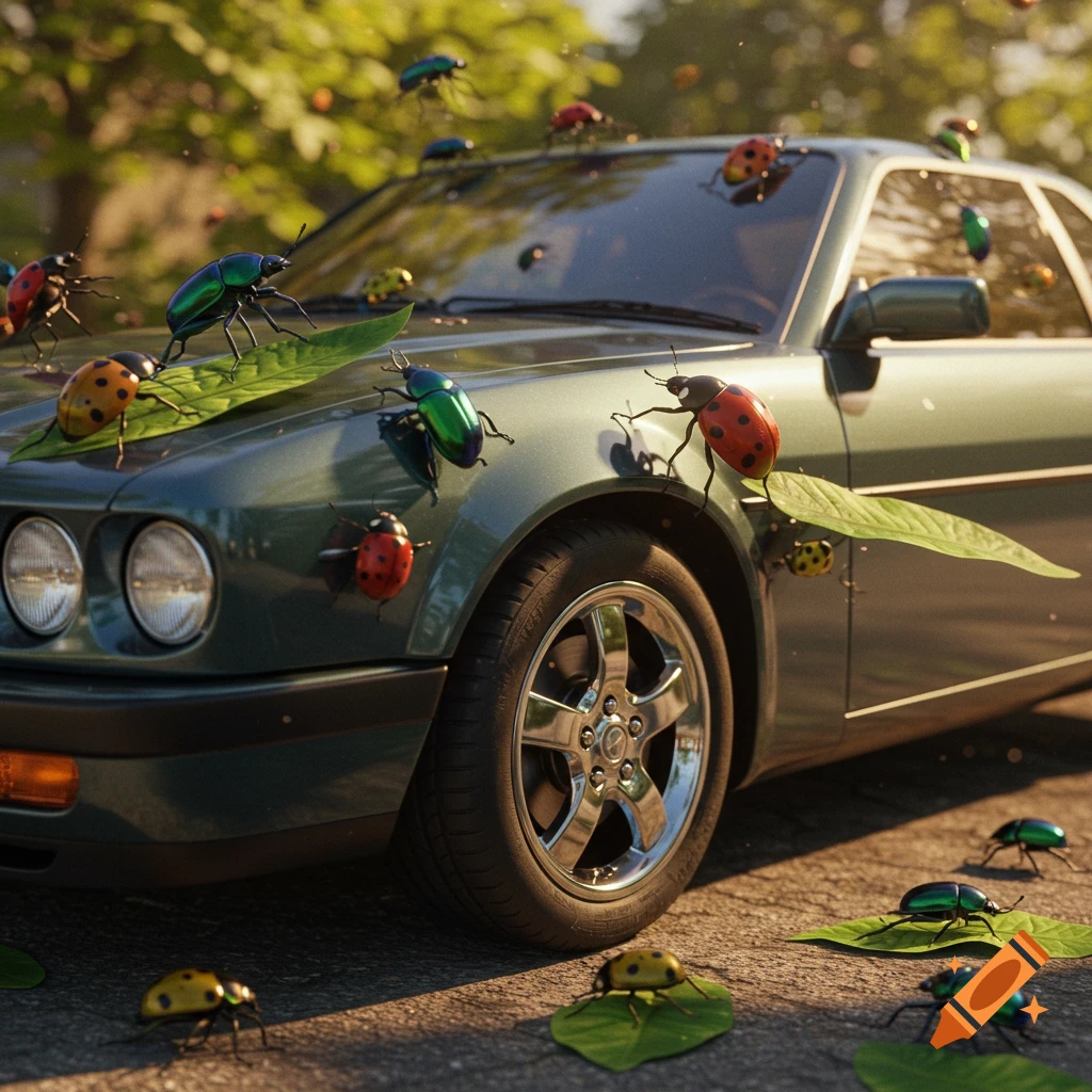 Photorealistic image of a green car covered in colorful beetles and leaves, parked on a sunlit driveway.