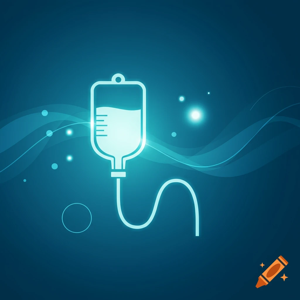 A glowing blue line art icon of an IV bag with fluid and a tube on a dark blue background with abstract light.