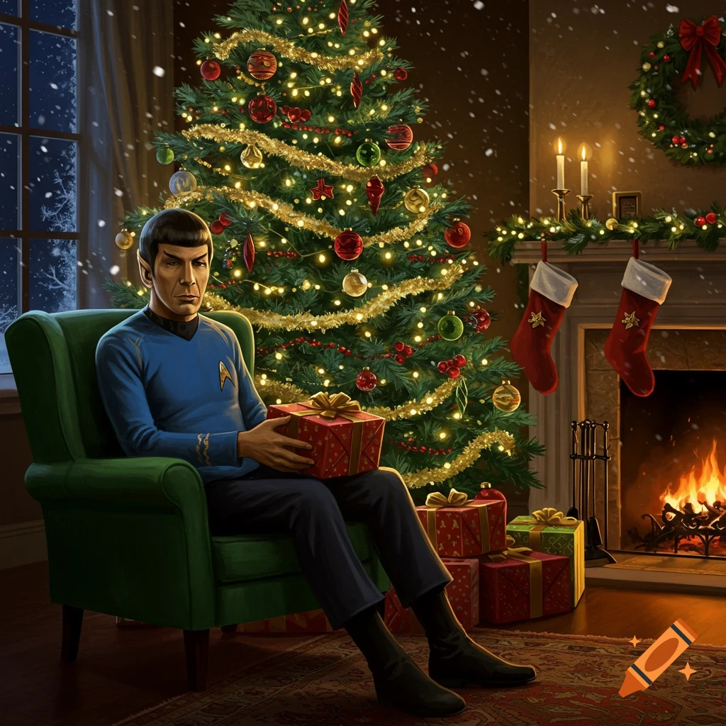 Mister Spock sits in a green armchair, holding a red Christmas gift in front of a brightly lit Christmas tree and a warm fireplace.