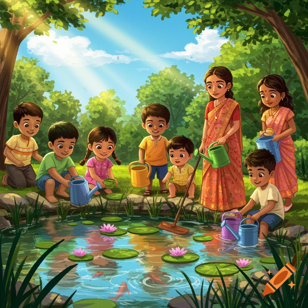 Vibrant illustration of two women and several children caring for a pond with lily pads and fish in a sunny forest setting.