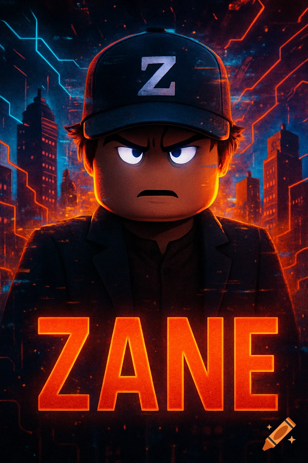 Angry Lego-style character named Zane with a 'Z' on his cap, glowing eyes, against a futuristic city. Text 'ZANE' glows in orange.