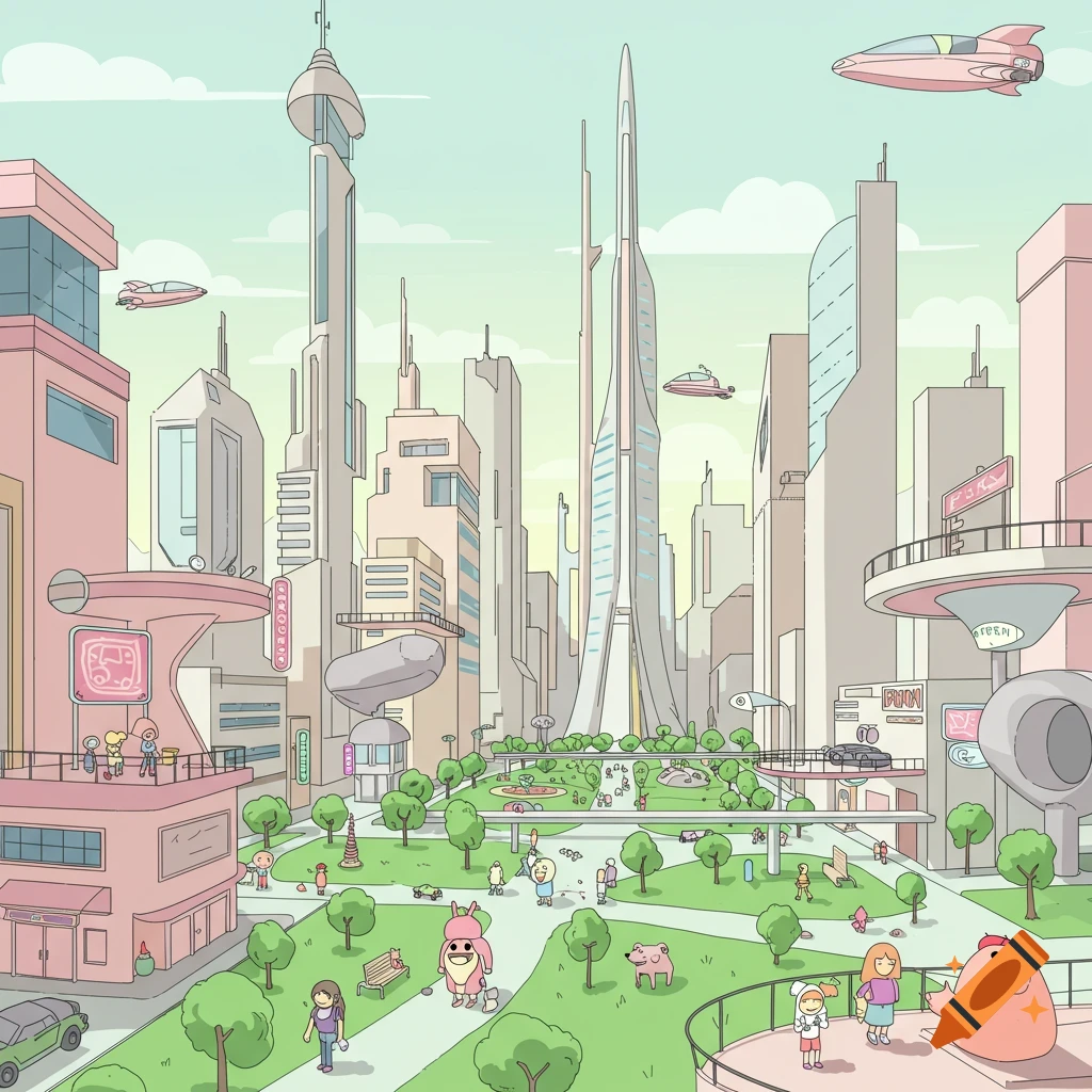 A bright, pastel-colored cartoon drawing of a futuristic city with tall buildings, flying cars, and a park bustling with stylized people and creatures.