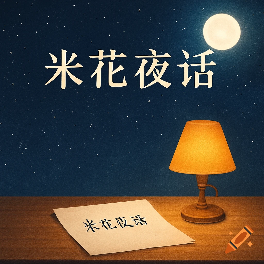 An illustration of a desk lamp and paper with Chinese text '米花夜话' under a starry night sky with a full moon.