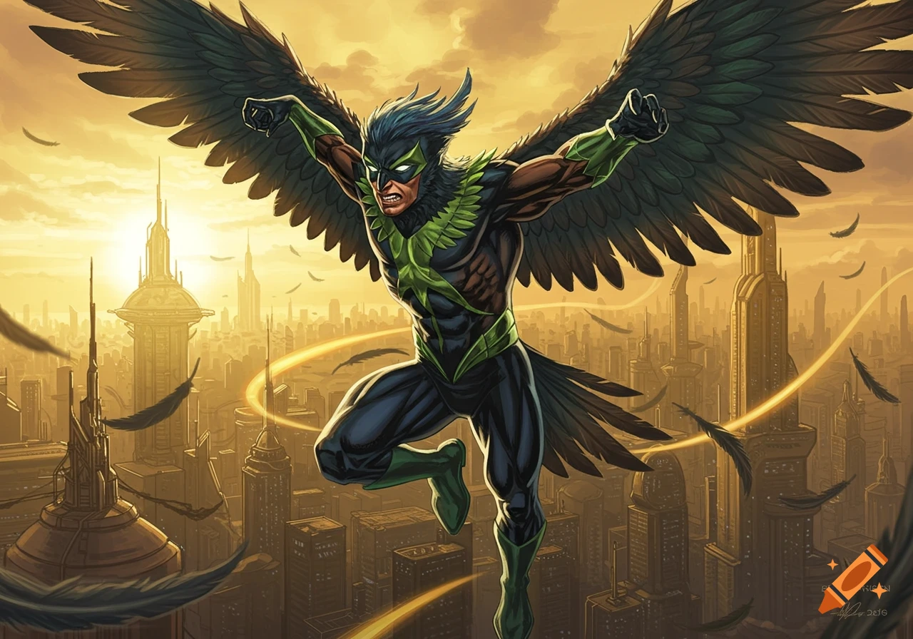 Dynamic comic art of a bird-themed superhero with large wings flying over a futuristic city at sunset.